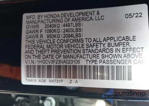 2022 Honda Accord Hybrid Sport z USA, uszkodzony, nr VIN 1HGCV3F23NA023106